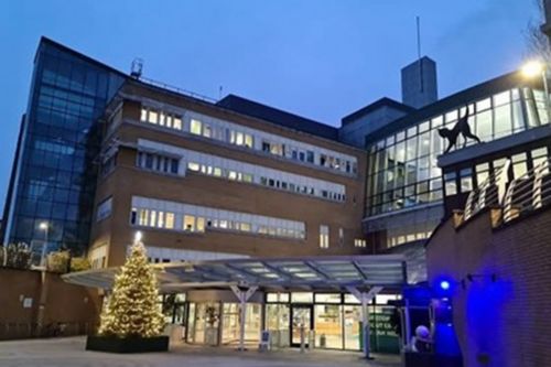 Christmas tree at dusk out the front of the Whittington Hospital Christmas tree at dusk out the front of the Whittington Hospital